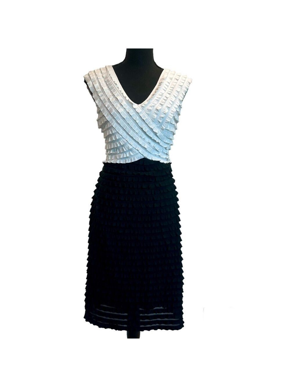 Frank Lyman black white short sleeve crisscross wrap ruffle frill tiered dress 8